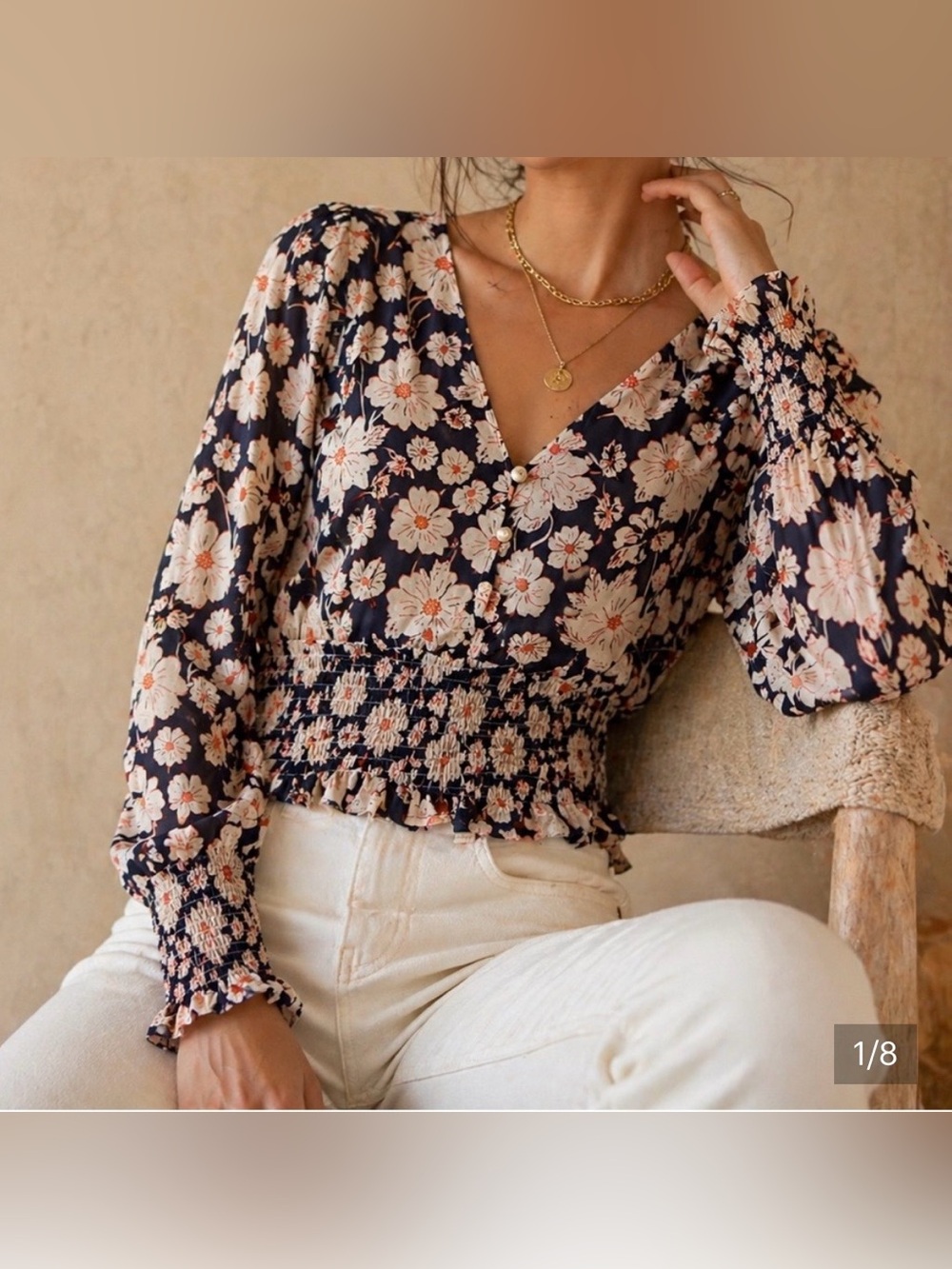 Pretty floral chiffon blouse with ruched waist and cuffs